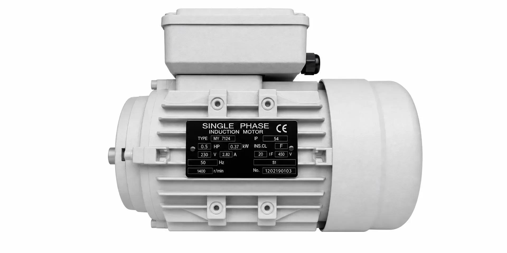 Motor nameplate showing the rated output, voltage and full-load current a buyer can check against the standard tables