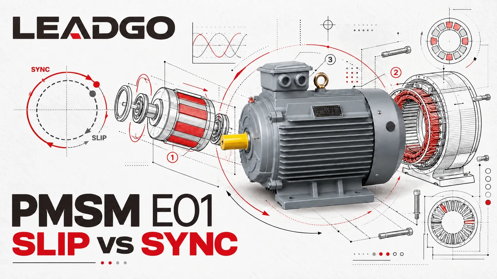 Exploded-view motor illustration comparing induction-motor slip with permanent-magnet synchronous operation