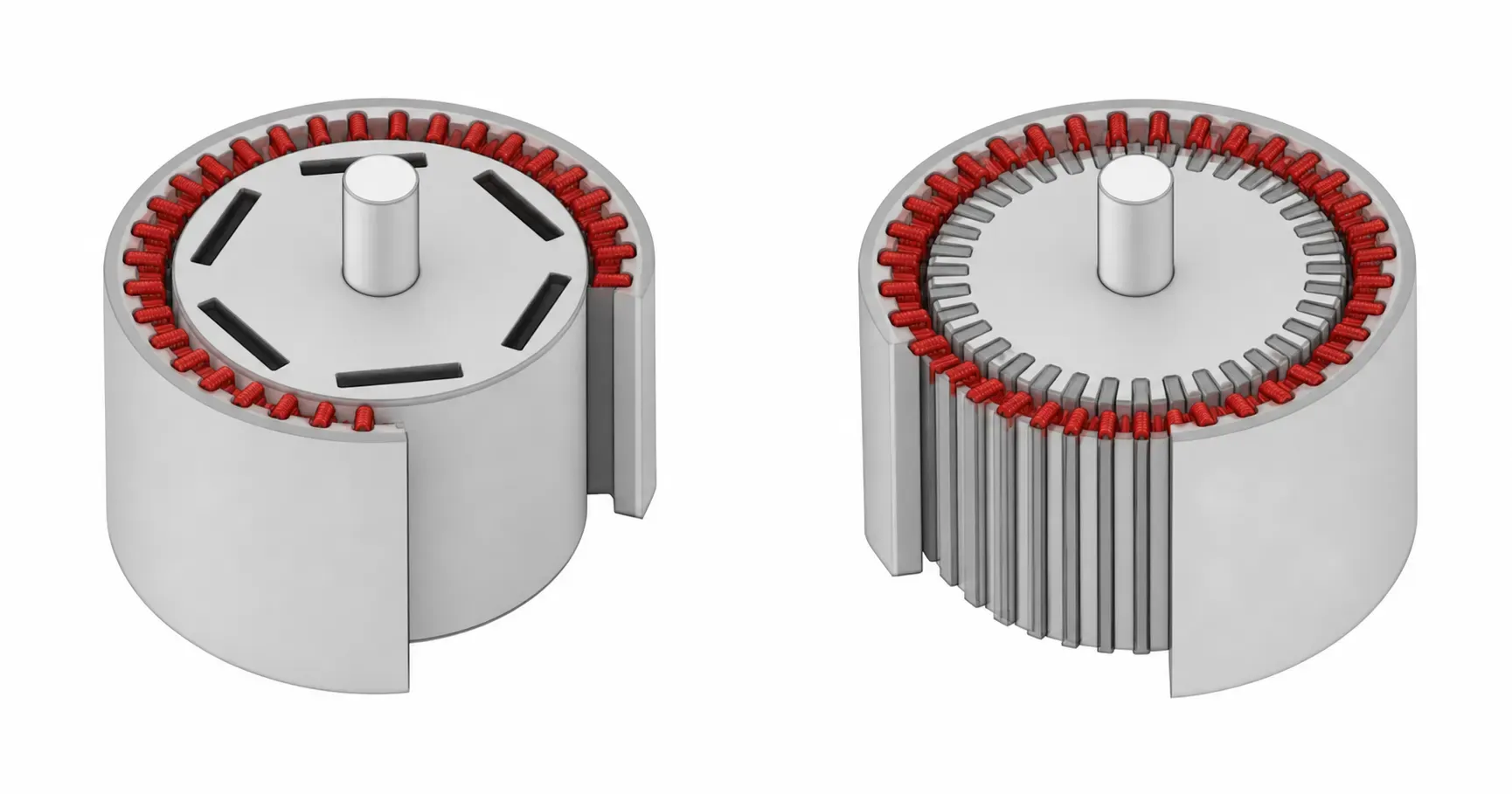 Cutaway comparison of a permanent magnet rotor and a squirrel-cage induction rotor inside the same stator