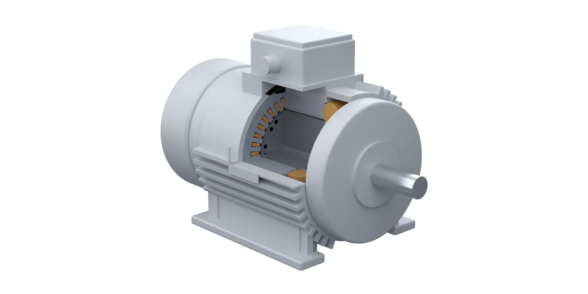 Cutaway illustration of a typical three-phase squirrel-cage induction motor showing the stator winding and the rotor
