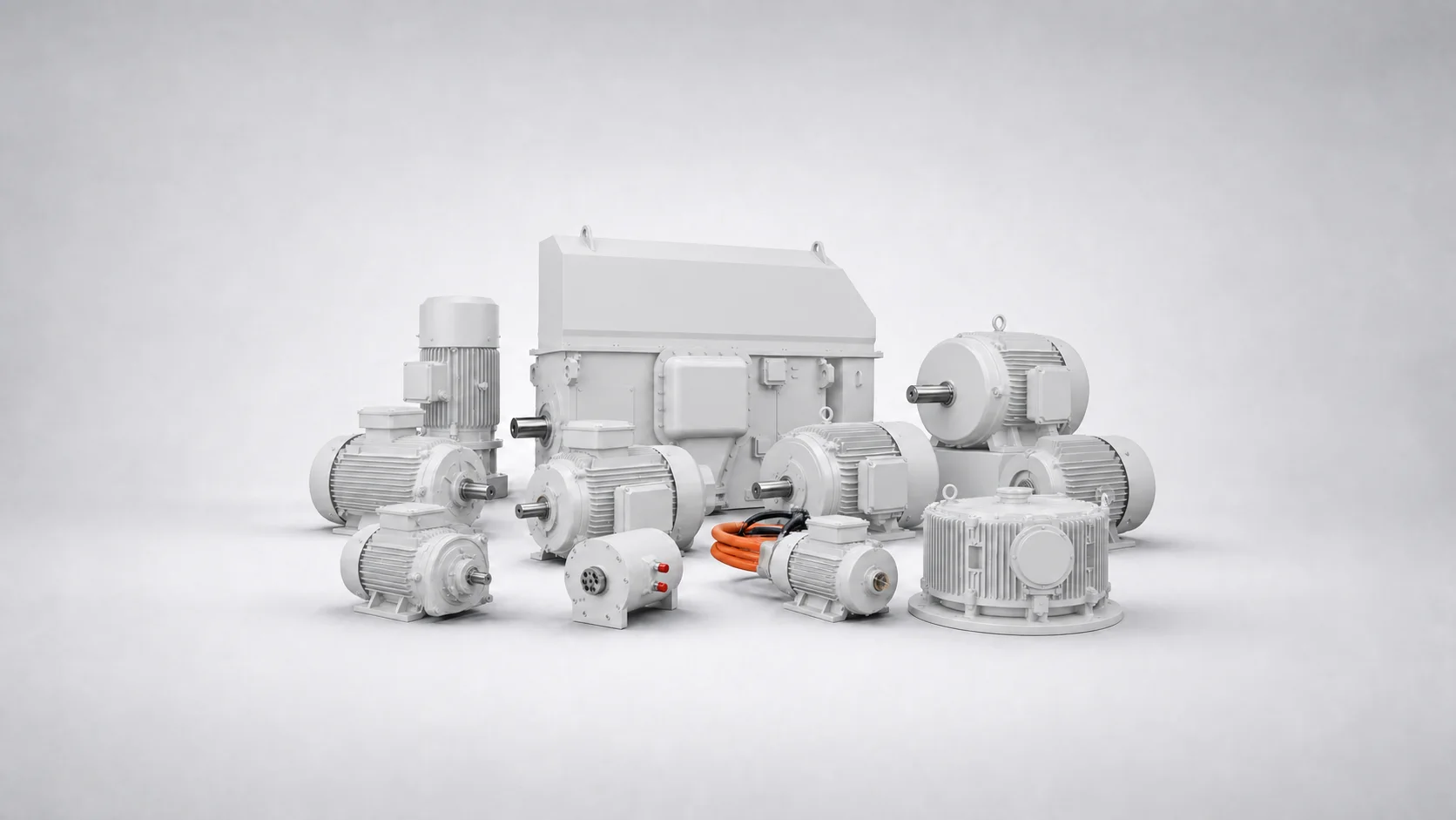 The LEADGO motor range shown to scale — from small frames through to large high-voltage machines